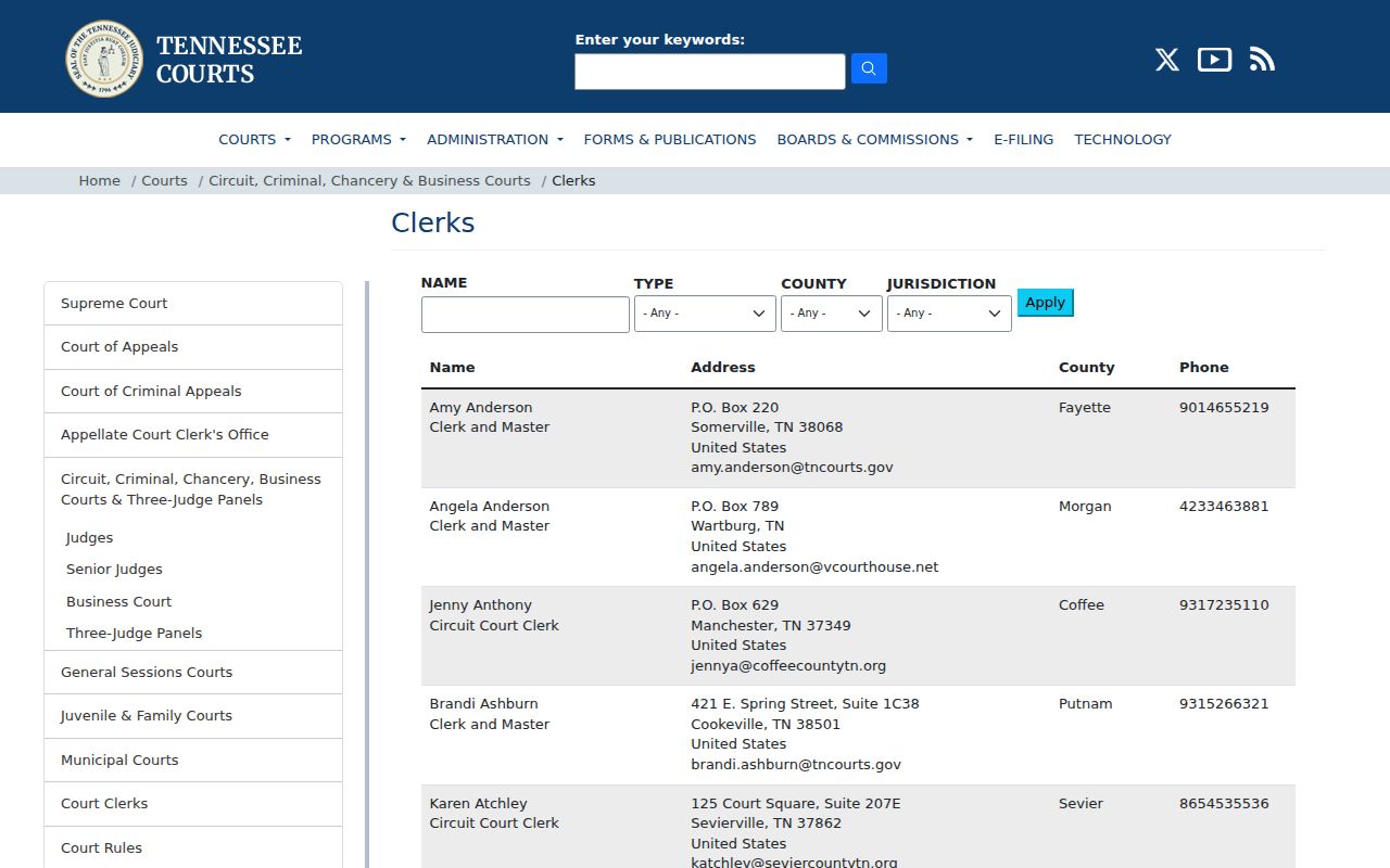 Smith County court case clerk directory