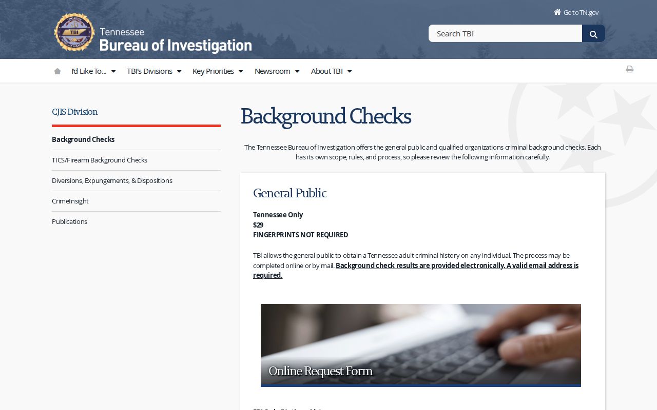 Smith County criminal history access through the TBI background checks page